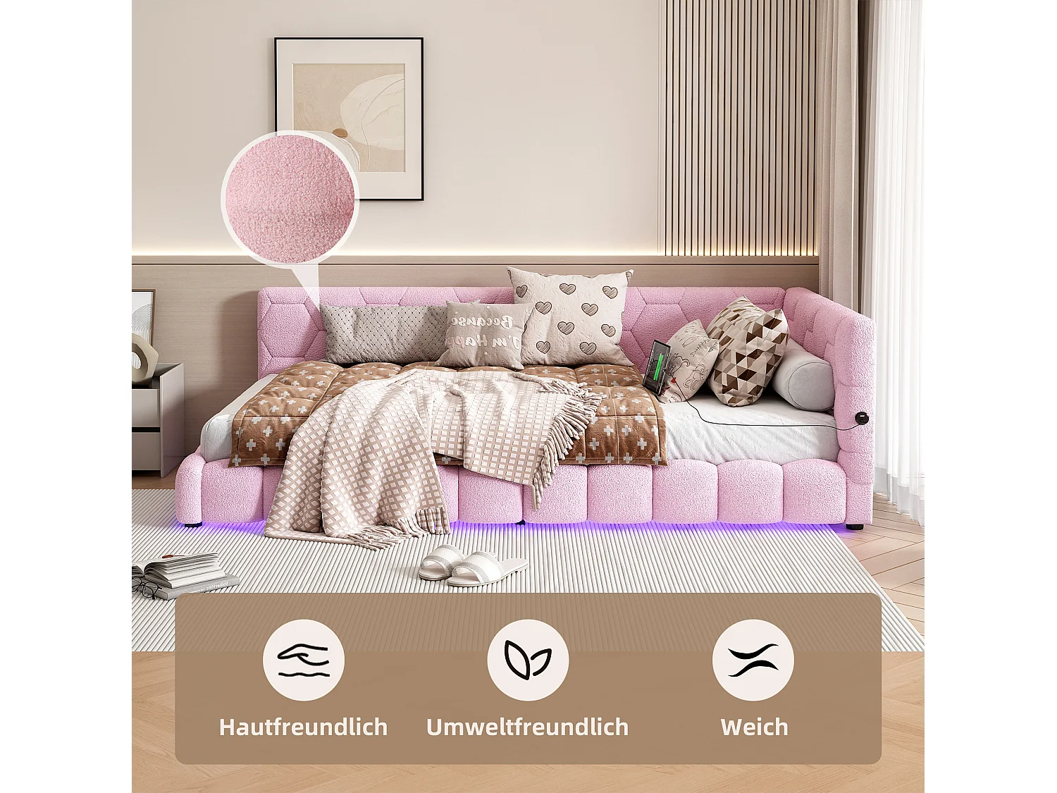 Canapé-lit pour enfant - 90 x 200 cm - avec Leds + USB + sommier à lattes - velours - rose