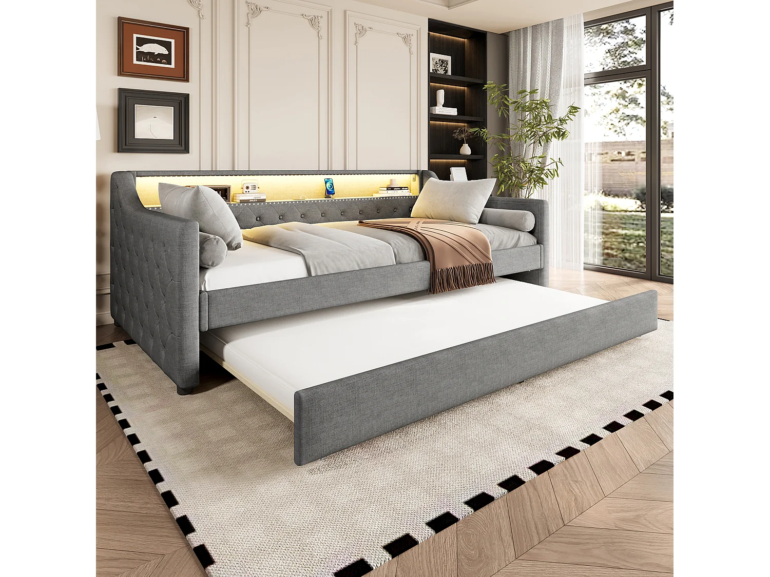 Slaapbank 90 x 200 cm met uitschuifbaar bed 90 x 190 cm - met opbergruimte + LED's + USB - linnen - grijs