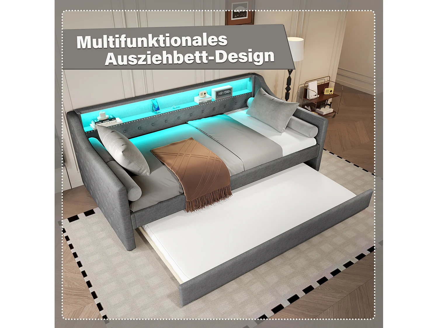 Slaapbank 90 x 200 cm met uitschuifbaar bed 90 x 190 cm - met opbergruimte + LED's + USB - linnen - grijs