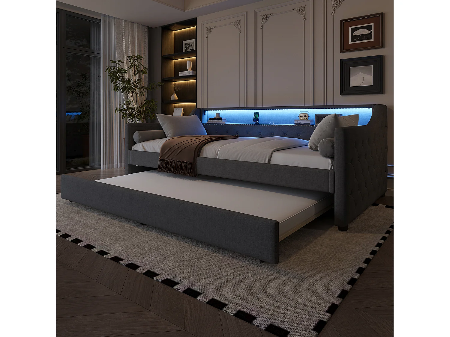 Slaapbank 90 x 200 cm met uitschuifbaar bed 90 x 190 cm - met opbergruimte + LED's + USB - linnen - grijs