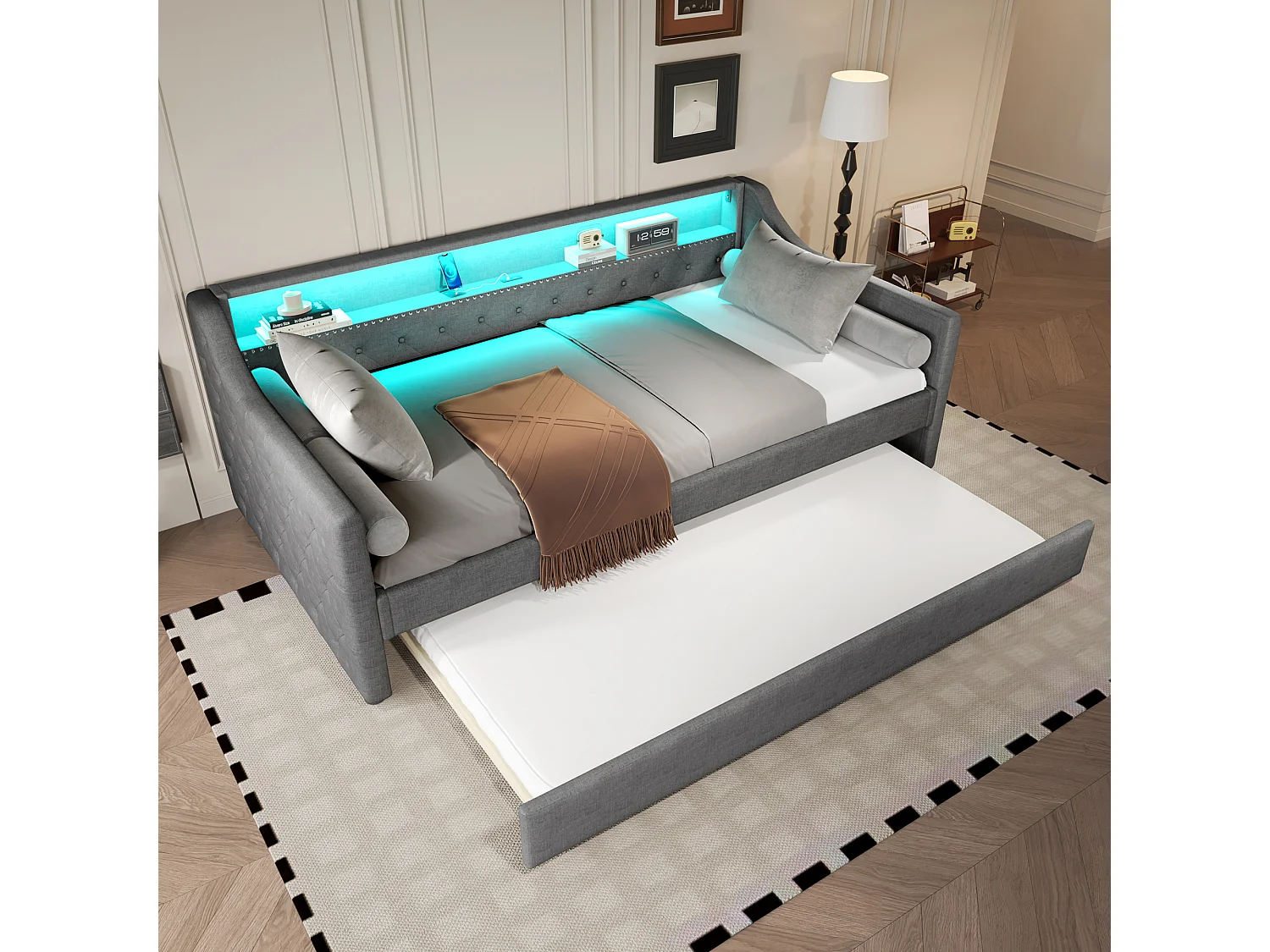 Slaapbank 90 x 200 cm met uitschuifbaar bed 90 x 190 cm - met opbergruimte + LED's + USB - linnen - grijs