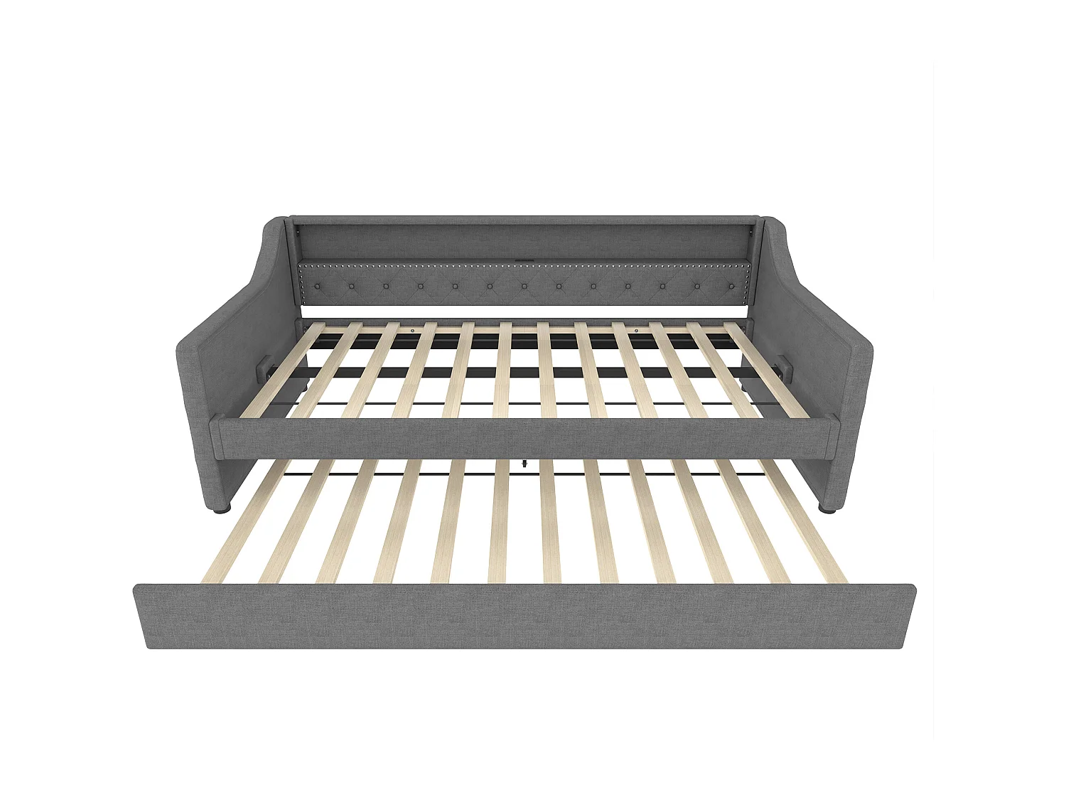 Slaapbank 90 x 200 cm met uitschuifbaar bed 90 x 190 cm - met opbergruimte + LED's + USB - linnen - grijs