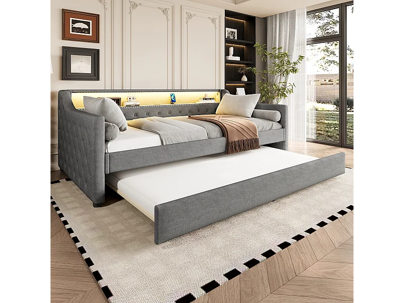 Slaapbank 90 x 200 cm met uitschuifbaar bed 90 x 190 cm - met opbergruimte + LED's + USB - linnen - grijs