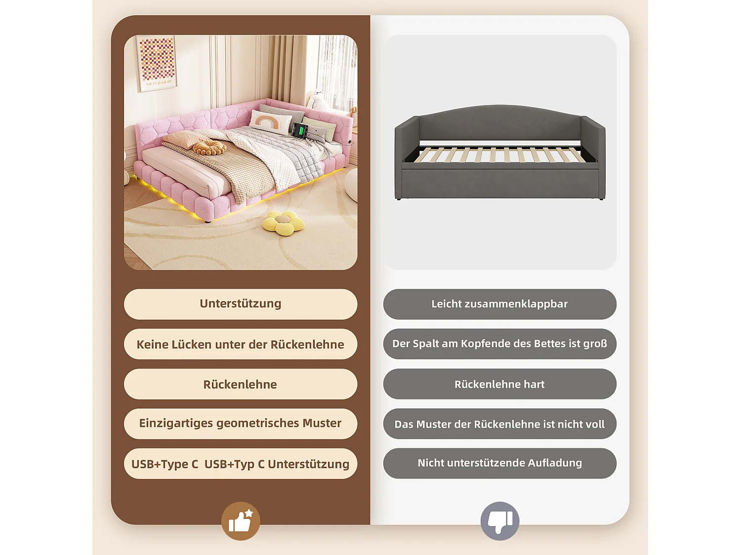 Canapé-lit pour enfant - 140 x 200 cm - avec Leds + USB + sommier à lattes - velours - rose