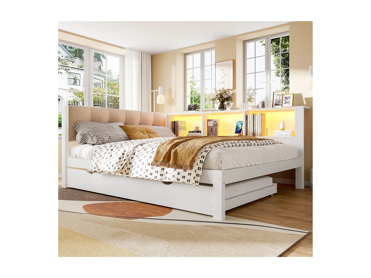 Sofa rozkładana z wysuwanym łóżkiem - 140 x 200 cm - z diodami LED + półka + USB - sosna - biała