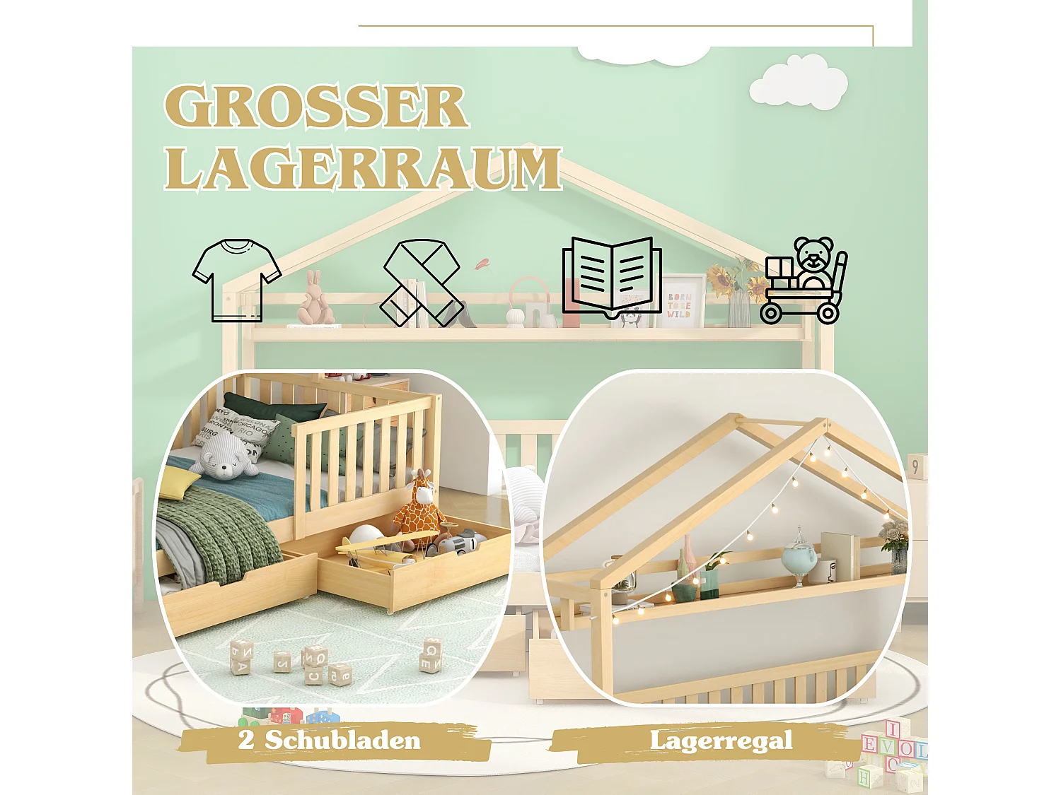 Kinderbed - 90 x 200 cm - met 2 lades + lattenbodem - hout - naturel