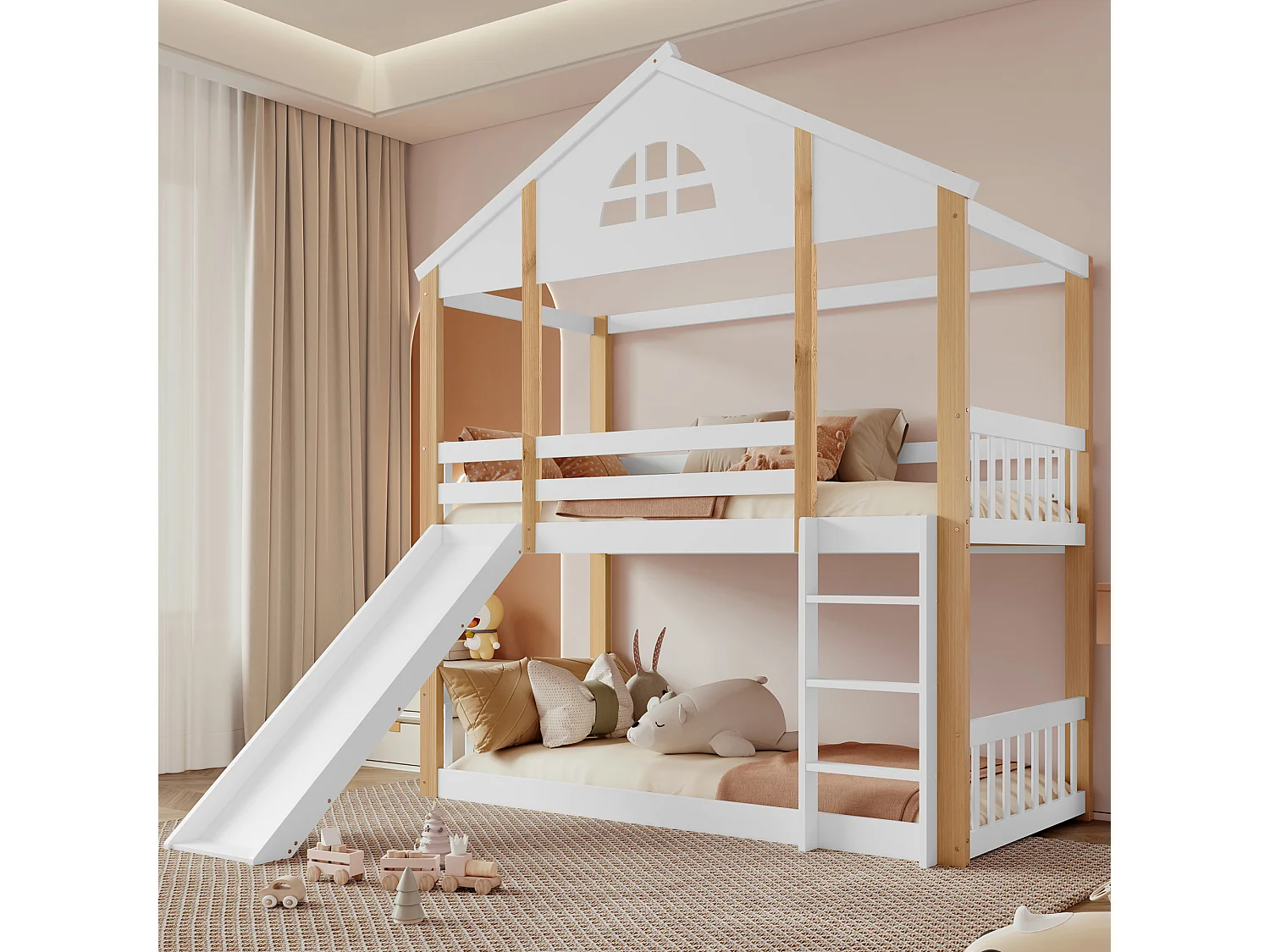 Łóżko piętrowe dla dzieci - 2 x 90 x 200 cm - z oknami + drabinka + zjeżdżalnia - drewno + MDF - białe i naturalne