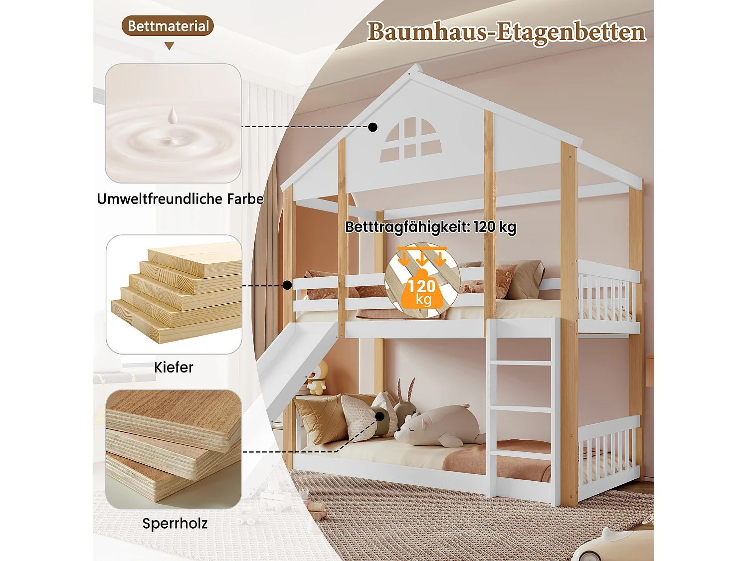 Łóżko piętrowe dla dzieci - 2 x 90 x 200 cm - z oknami + drabinka + zjeżdżalnia - drewno + MDF - białe i naturalne