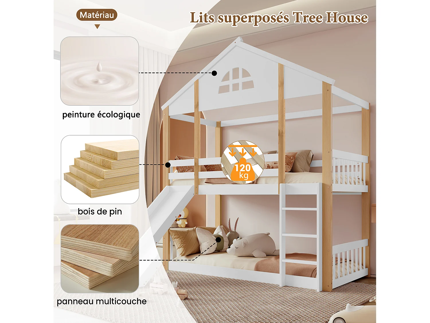 Łóżko piętrowe dla dzieci - 2 x 90 x 200 cm - z oknami + drabinka + zjeżdżalnia - drewno + MDF - białe i naturalne