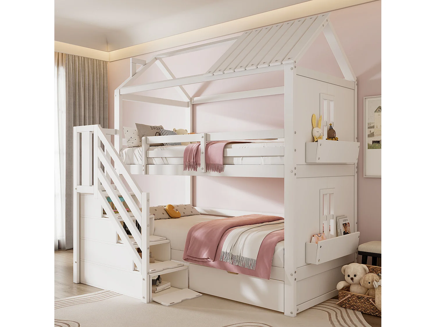 Beliche infantil - 2 x 90 x 200 cm - com escada de arrumação + gaveta e prateleiras - pinho e MDF - branco