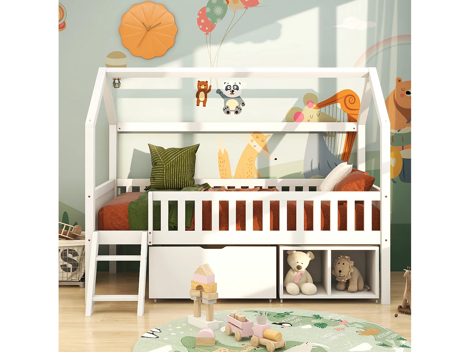 Lit cabane pour enfant - 90 x 200 cm - avec tiroir et rangements + avec barrière anti-chute - bois - blanc