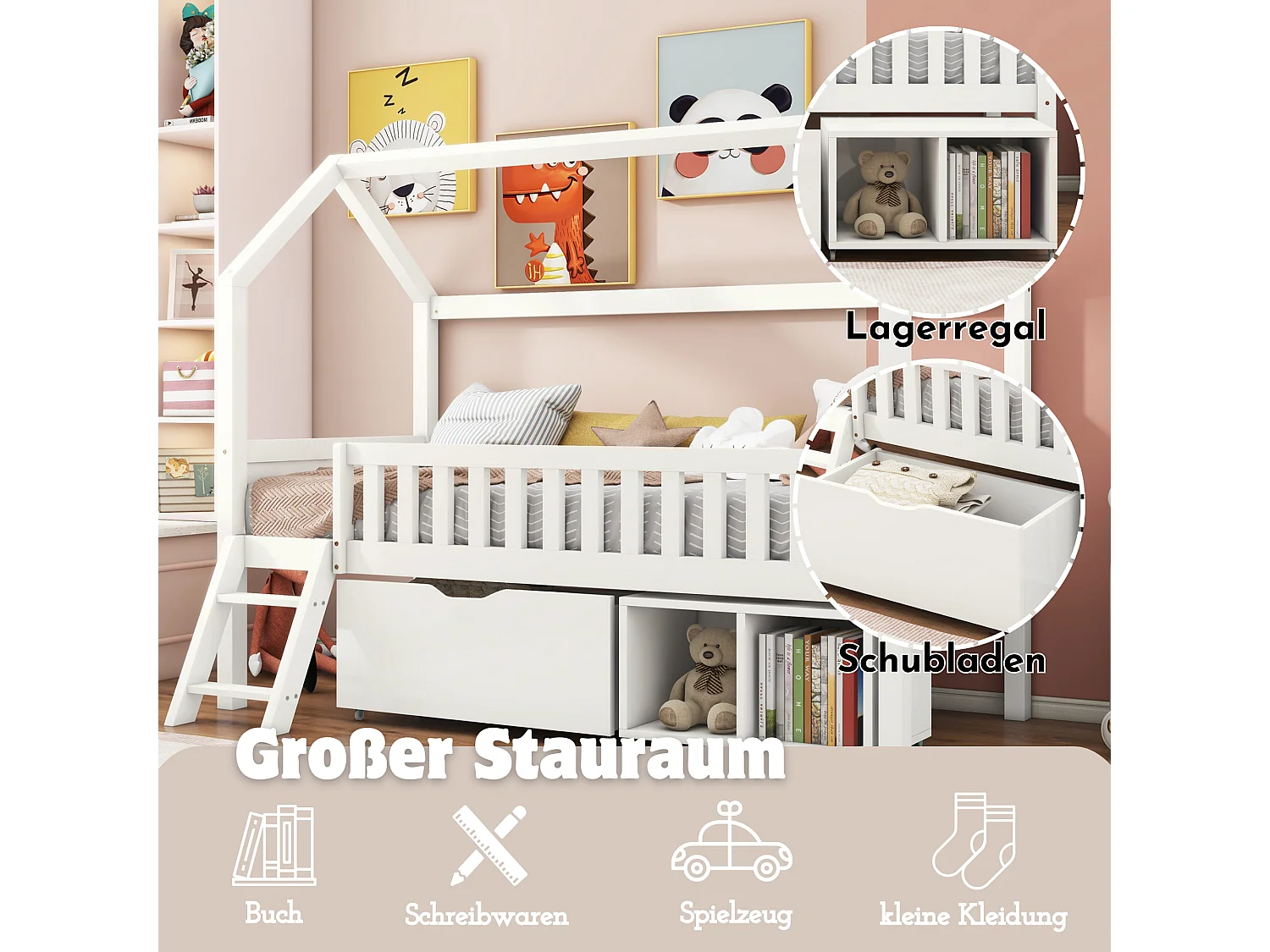 Lit cabane pour enfant - 90 x 200 cm - avec tiroir et rangements + avec barrière anti-chute - bois - blanc