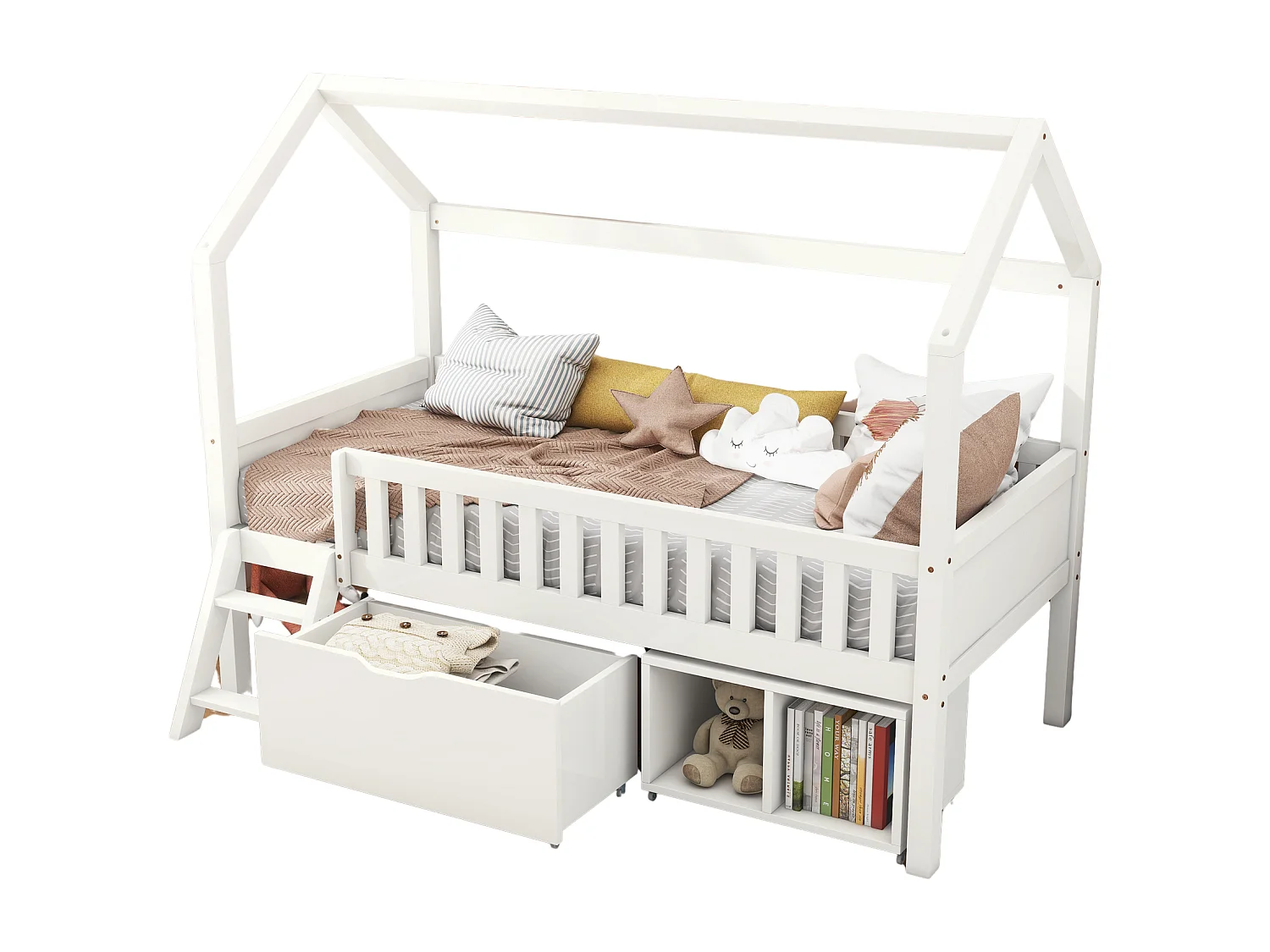 Lit cabane pour enfant - 90 x 200 cm - avec tiroir et rangements + avec barrière anti-chute - bois - blanc