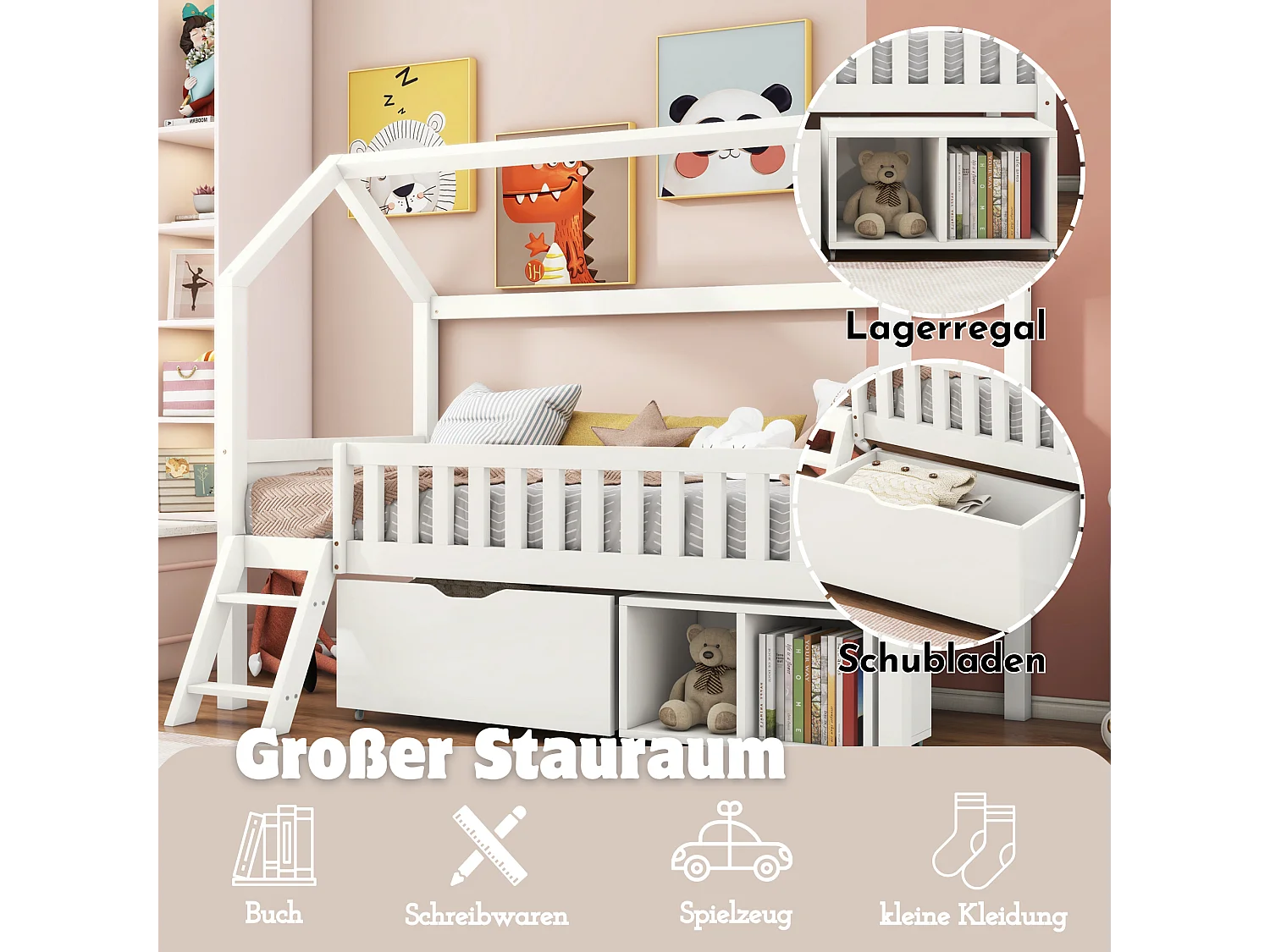 Letto a soppalco per bambini - 90 x 200 cm - con cassetto e contenitore + con sponda di sicurezza - legno - bianco