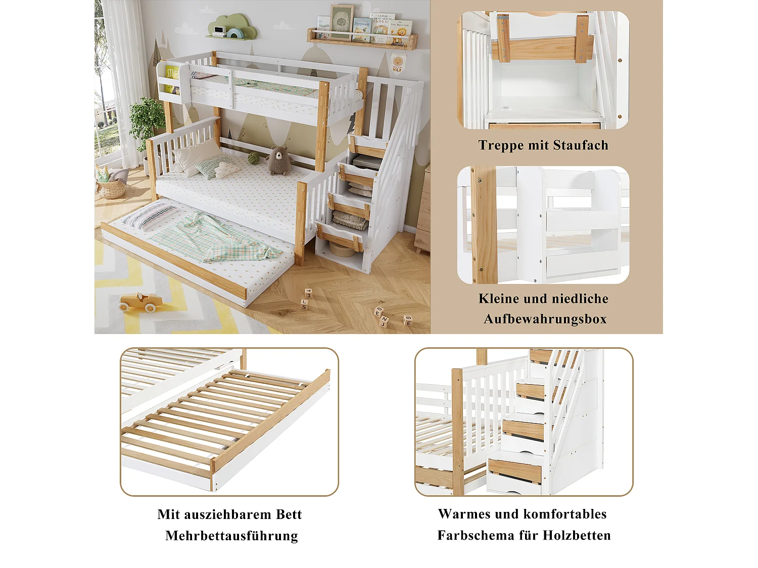 Stapelbedden 120 x 200 cm + 90 x 200 cm met uitschuifbed 90 x 190 cm + 4 lades - Hout + MDF - Wit + naturel