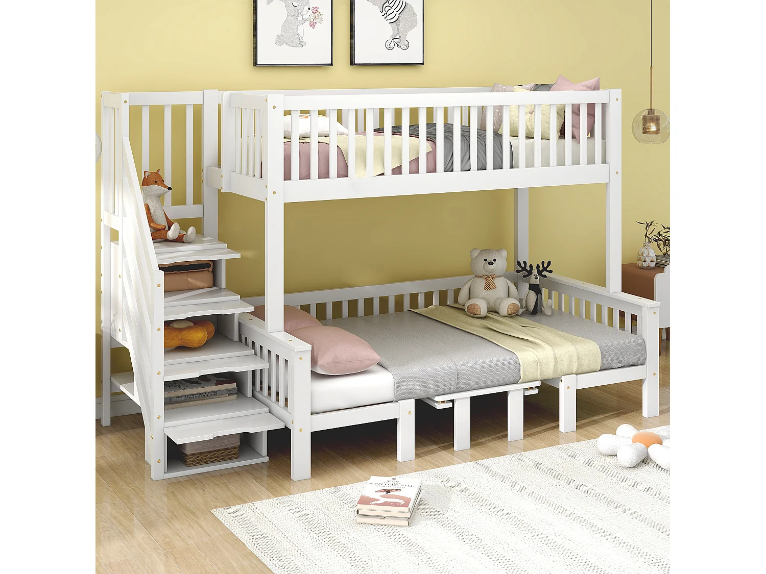 Beliche infantil - 90 x 200 + 120 x 200 cm - com mesa ajustável + escada com espaço para armazenamento - pinho + MDF - branco