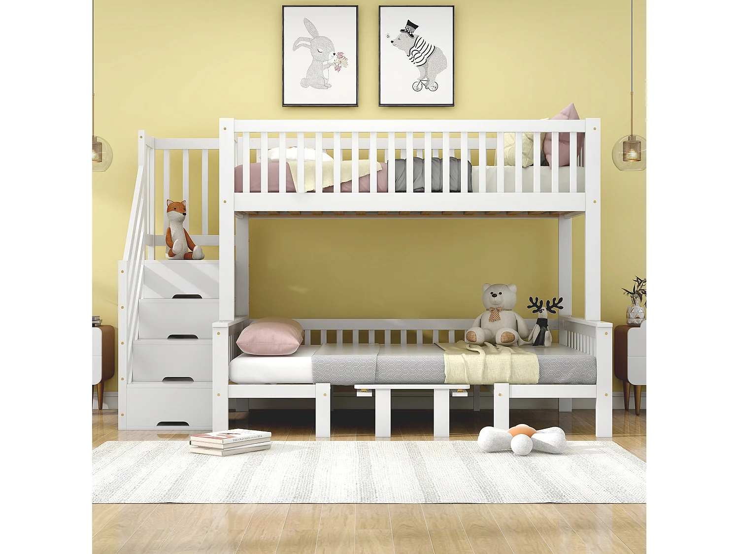 Beliche infantil - 90 x 200 + 120 x 200 cm - com mesa ajustável + escada com espaço para armazenamento - pinho + MDF - branco