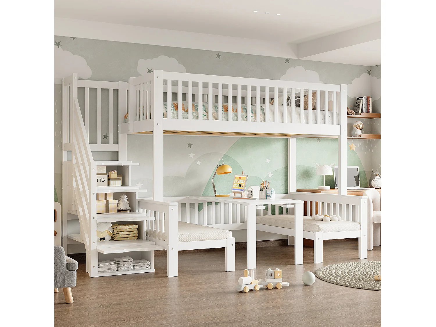 Beliche infantil - 90 x 200 + 120 x 200 cm - com mesa ajustável + escada com espaço para armazenamento - pinho + MDF - branco