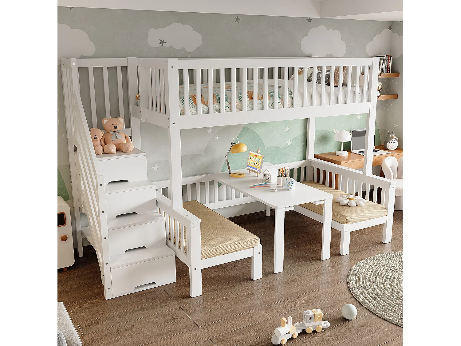 Beliche infantil - 90 x 200 + 120 x 200 cm - com mesa ajustável + escada com espaço para armazenamento - pinho + MDF - branco