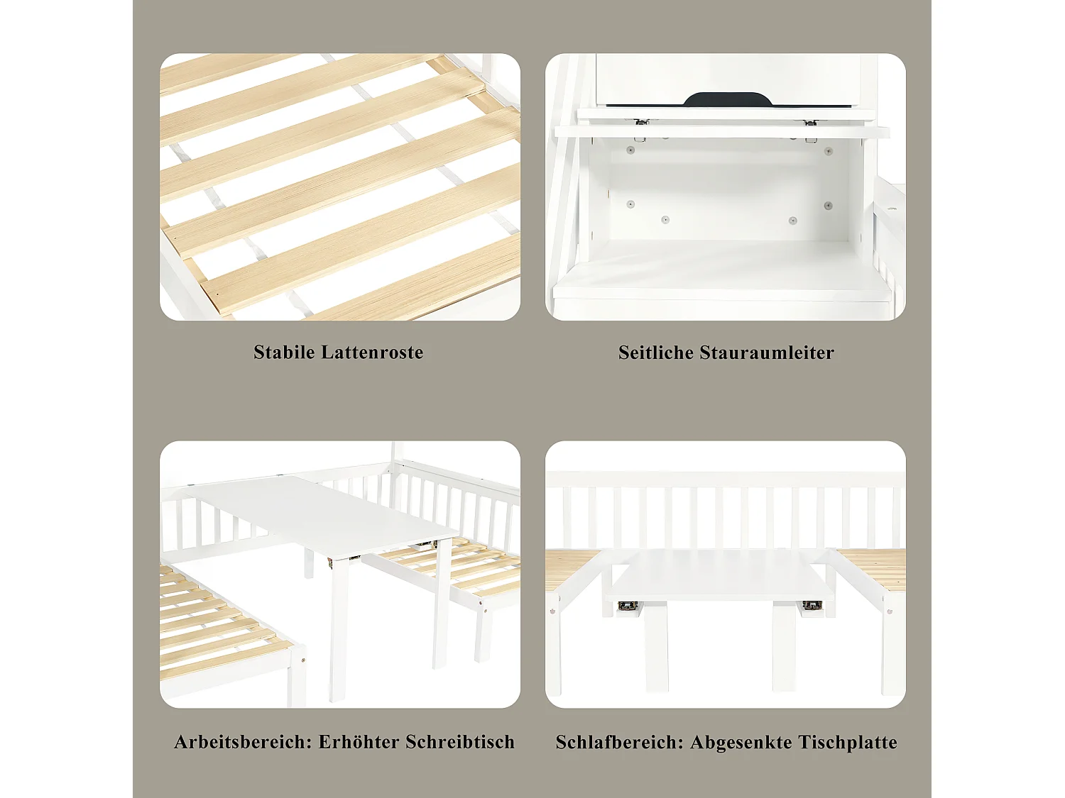 Beliche infantil - 90 x 200 + 120 x 200 cm - com mesa ajustável + escada com espaço para armazenamento - pinho + MDF - branco