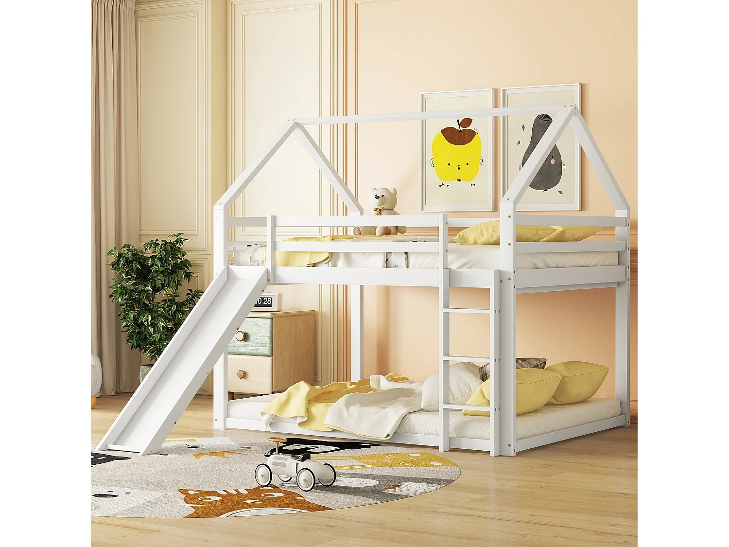 Lit superposés pour enfant - 2 x 140 x 200 cm - avec toboggan + échelle - bois - blanc