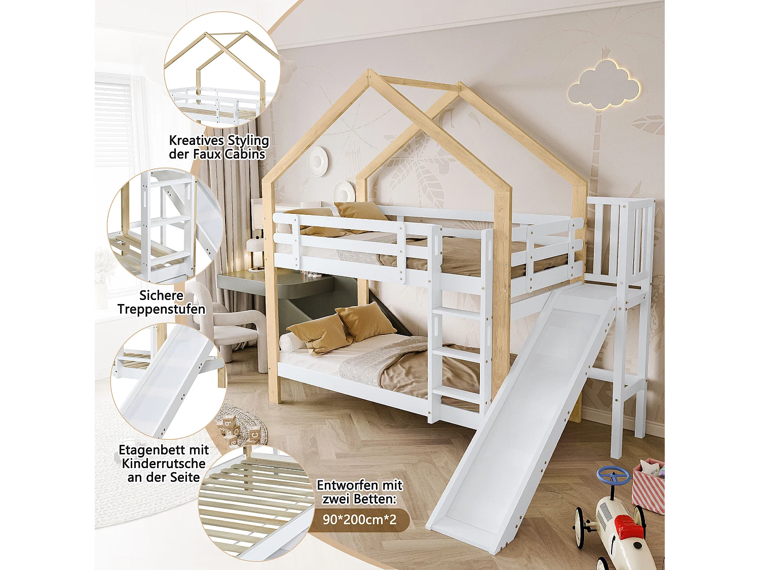 Lit superposé 2 places - 2 x 90 x 200 cm - avec échelle + toboggan et sommier à lattes - bois + MDF - naturel et blanc