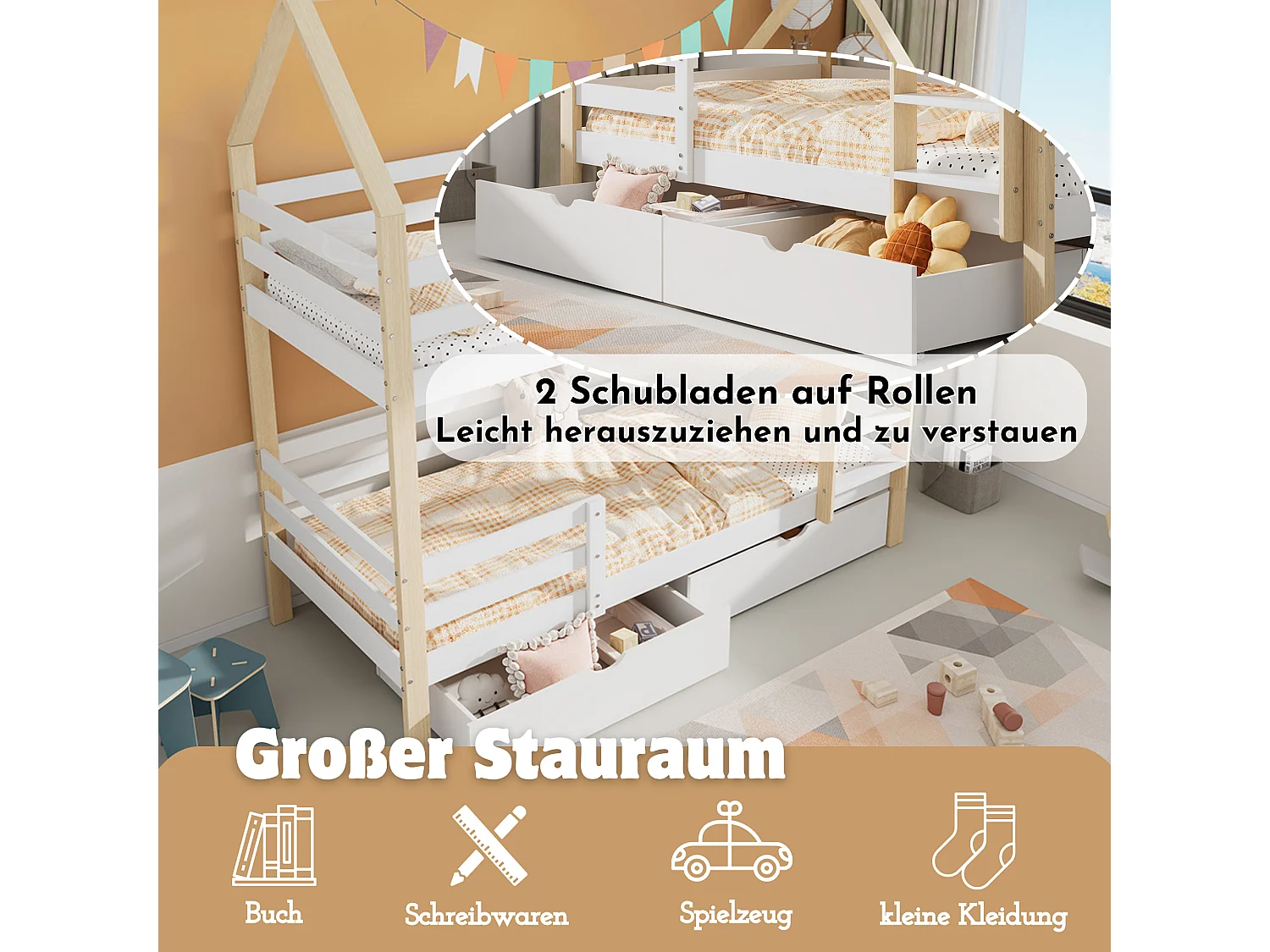 Letto a castello per bambini - con 2 cassetti - a forma di casa - in legno - bianco + naturale