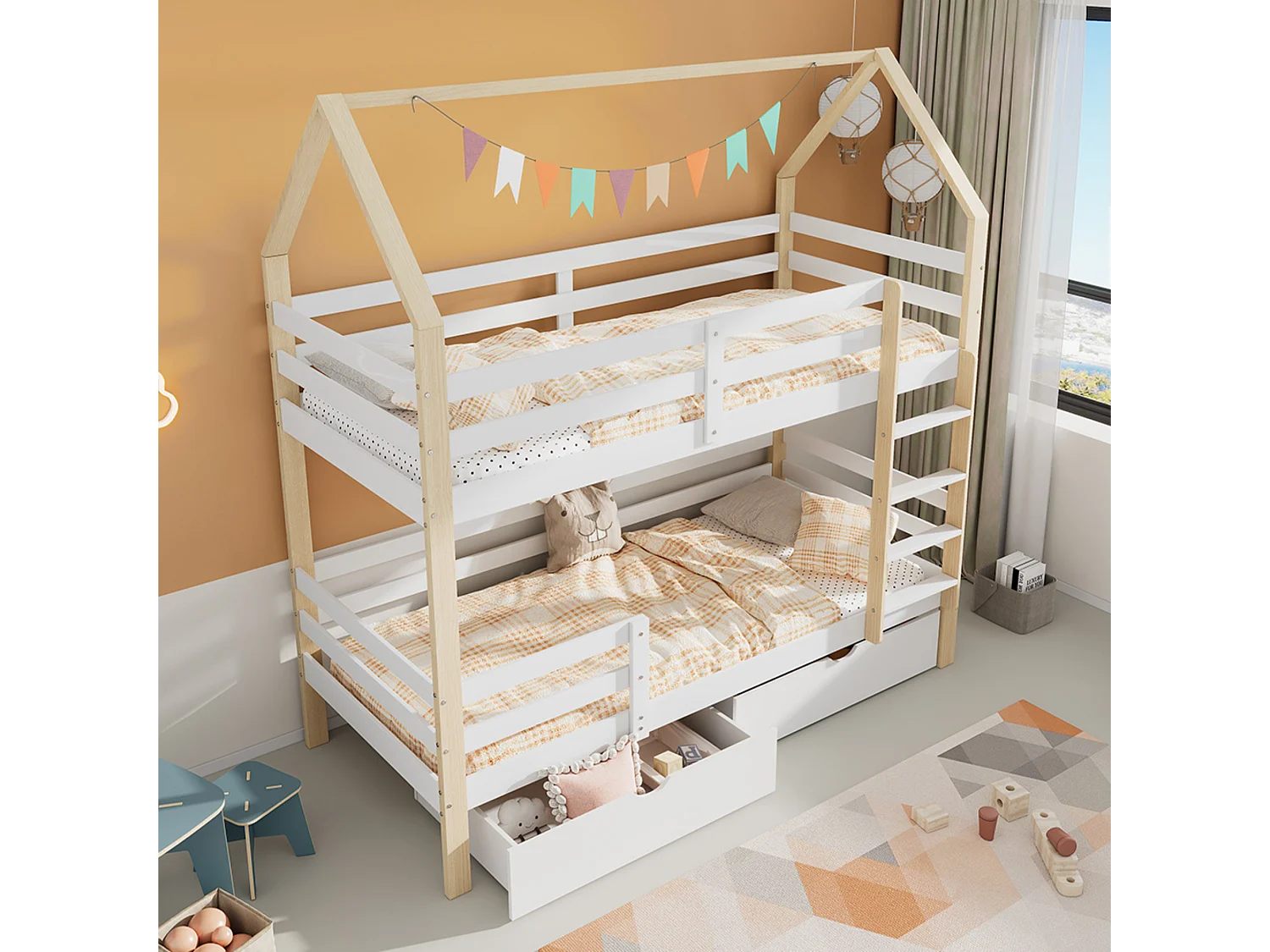 Lit superposés pour enfant - avec 2 tiroirs - en forme de maisonnette - bois - blanc + naturel