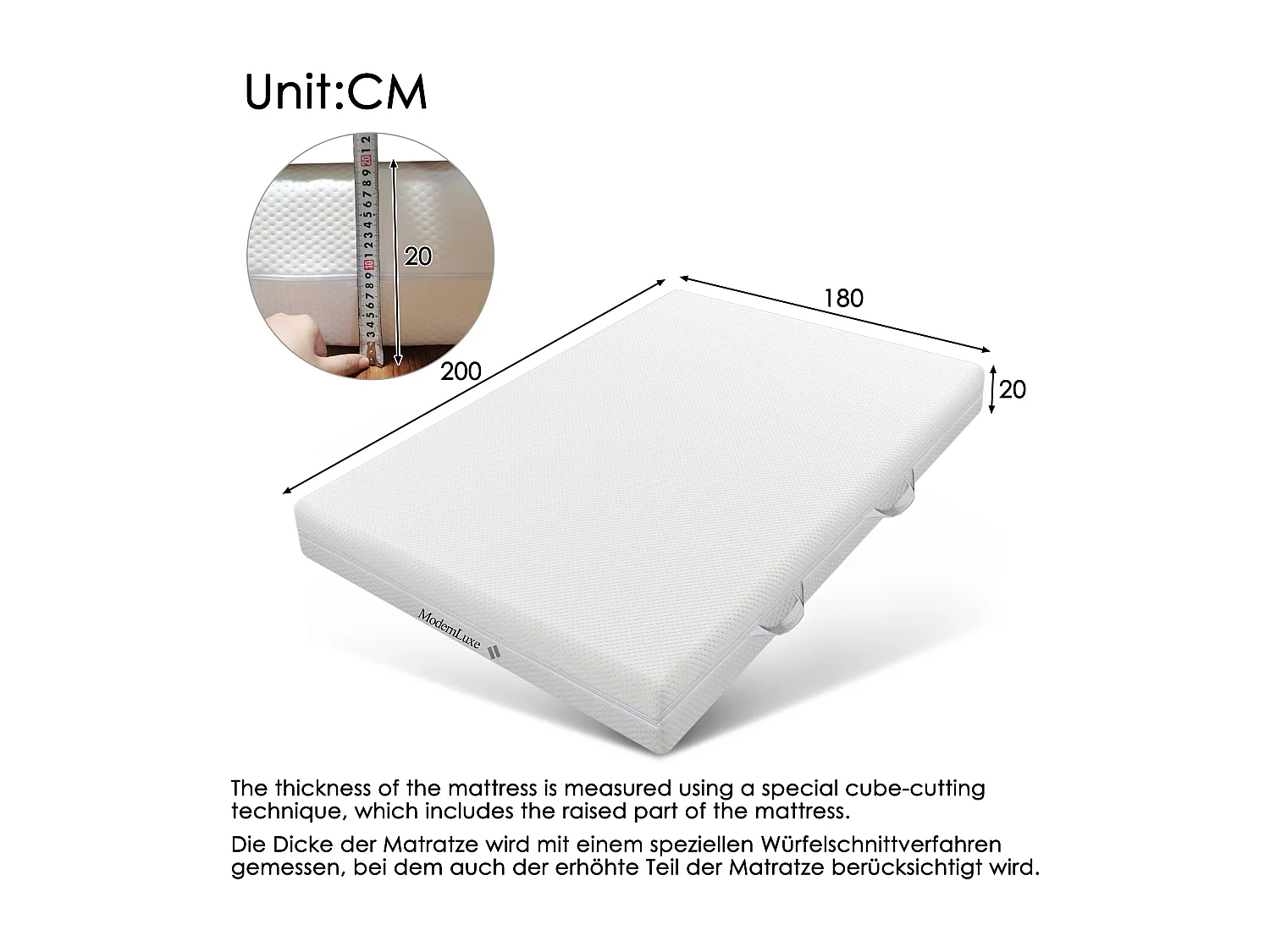 Matelas en mousse - 180 x 200 cm - matelas confort 7 zones avec poignées et housse lavable - blanc