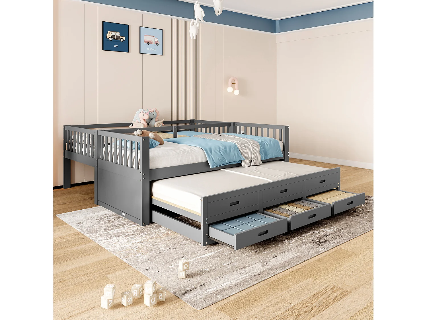 Beliche infantil com cama auxiliar, 3 lugares - 2 x 90 x 200 cm - com 3 gavetas - pinho e MDF - cinza