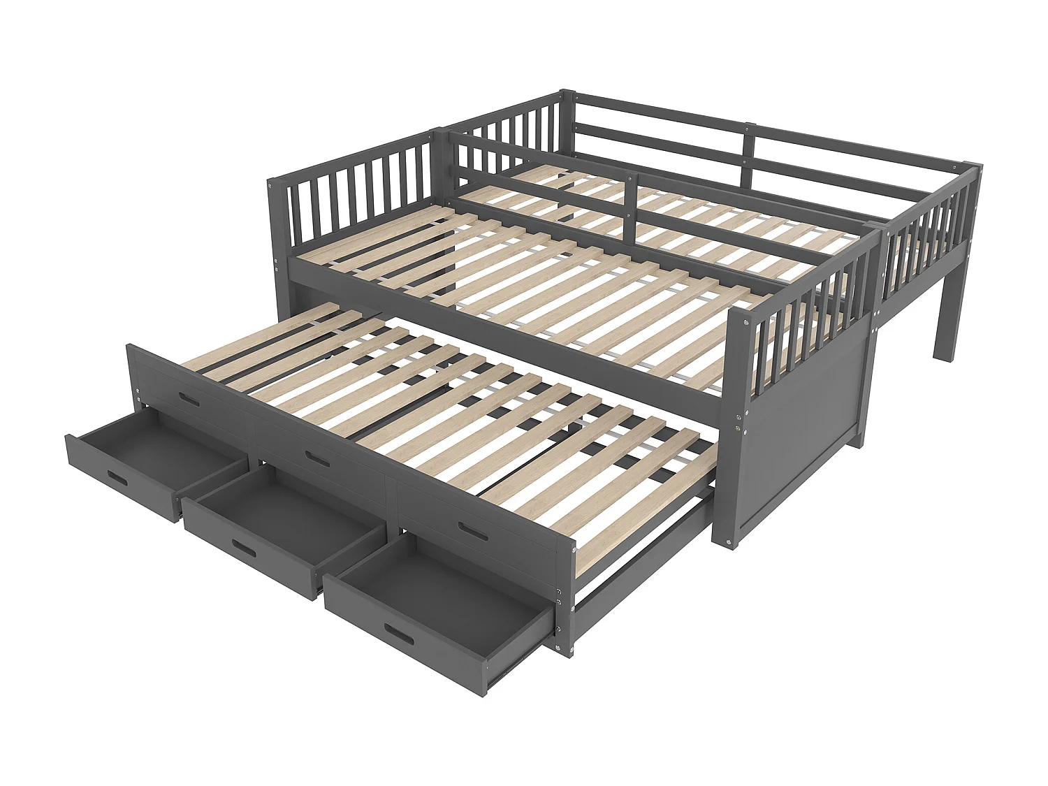 Beliche infantil com cama auxiliar, 3 lugares - 2 x 90 x 200 cm - com 3 gavetas - pinho e MDF - cinza