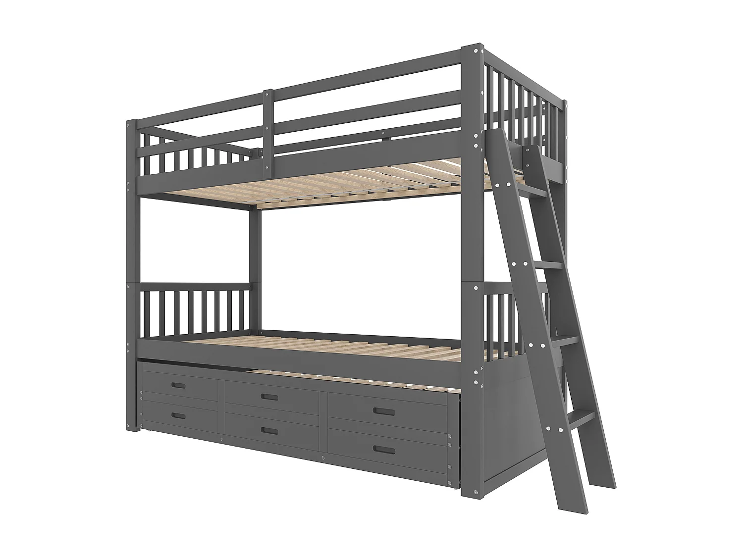 Beliche infantil com cama auxiliar, 3 lugares - 2 x 90 x 200 cm - com 3 gavetas - pinho e MDF - cinza