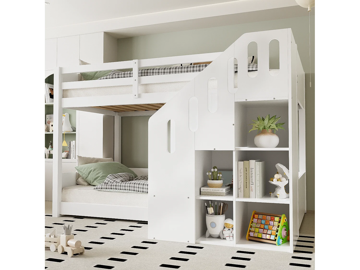 Kinderetagenbetten – 2 x 90 x 200 cm – Treppe mit Ablagefächern + Geländer – Holz – weiß