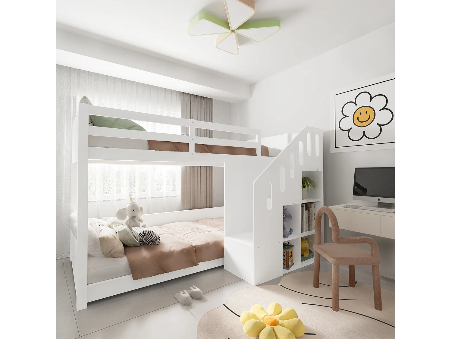 Lits superposés enfant - 2 x 90 x 200 cm - escalier avec étagères de rangement + barrière - bois - blanc