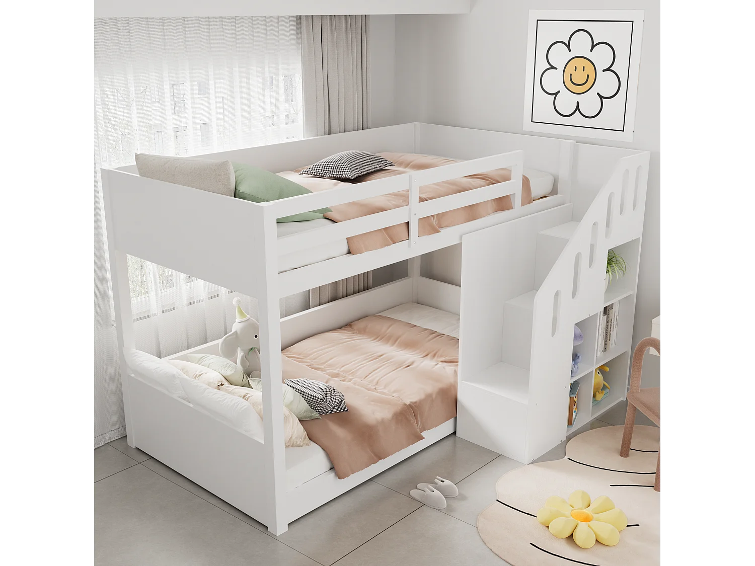 Lits superposés enfant - 2 x 90 x 200 cm - escalier avec étagères de rangement + barrière - bois - blanc