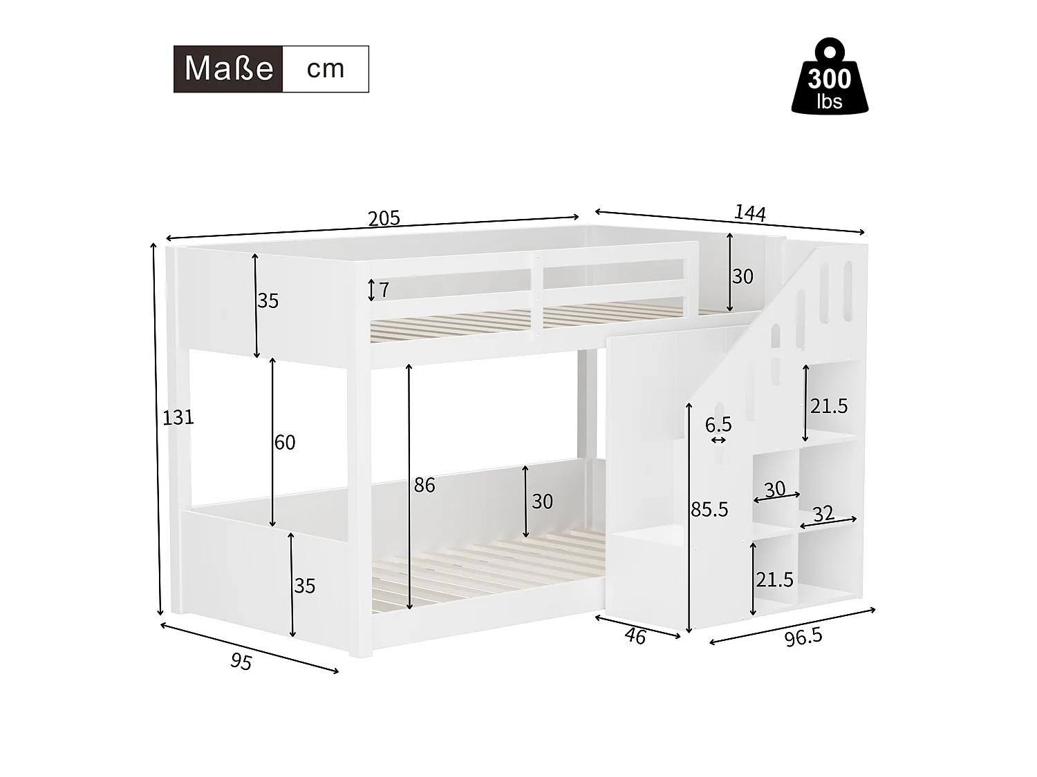 Børnekøjesenge - 2 x 90 x 200 cm - trappe med opbevaringshylder + rækværk - træ - hvid