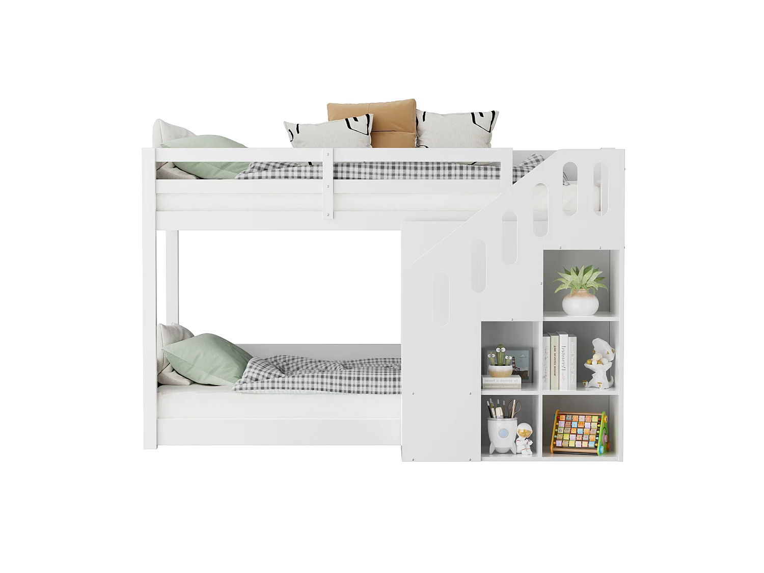 Børnekøjesenge - 2 x 90 x 200 cm - trappe med opbevaringshylder + rækværk - træ - hvid