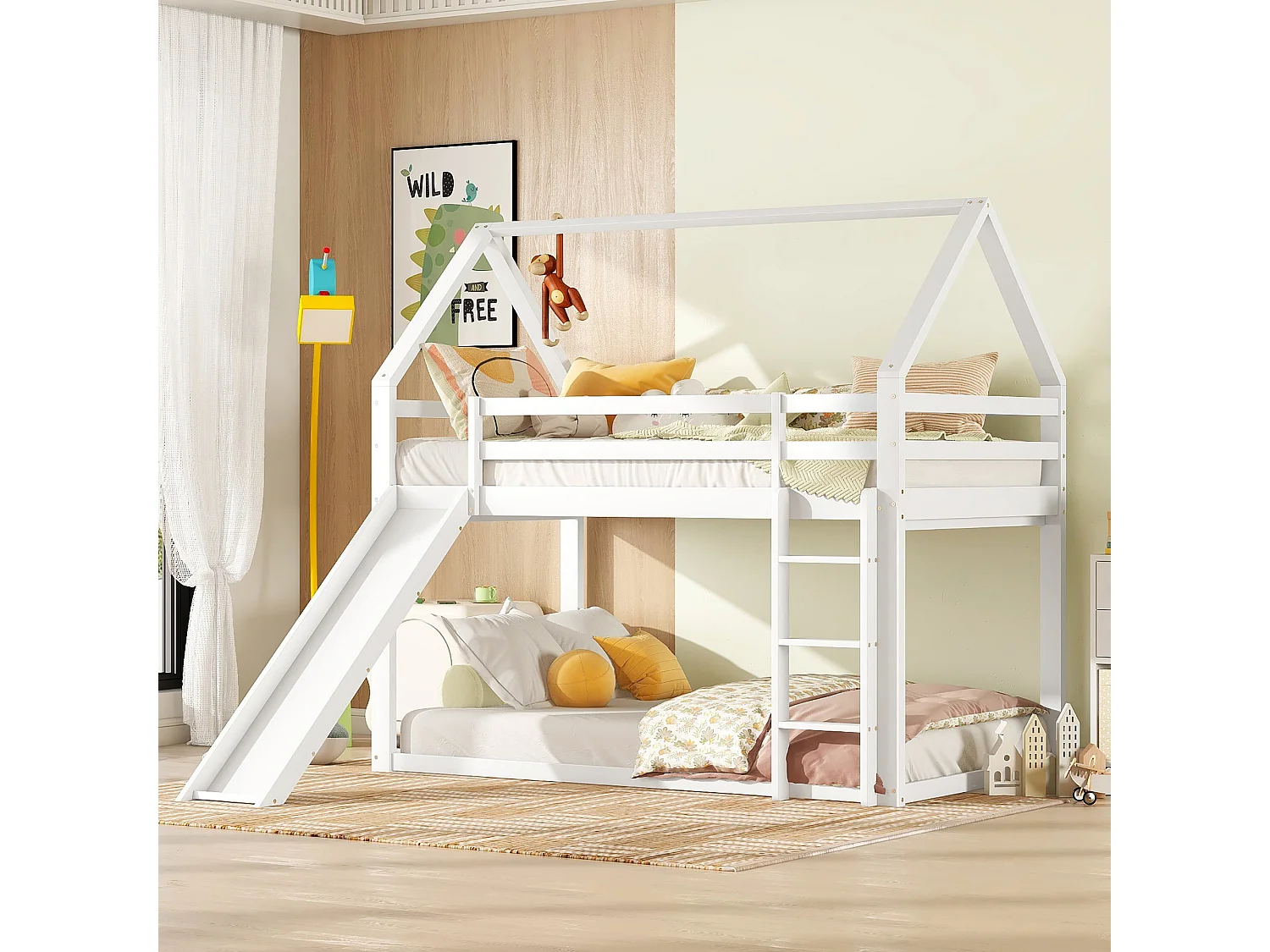lit superposés pour enfant - 2 x 90 x 200 cm - avec toboggan + échelle - bois - blanc