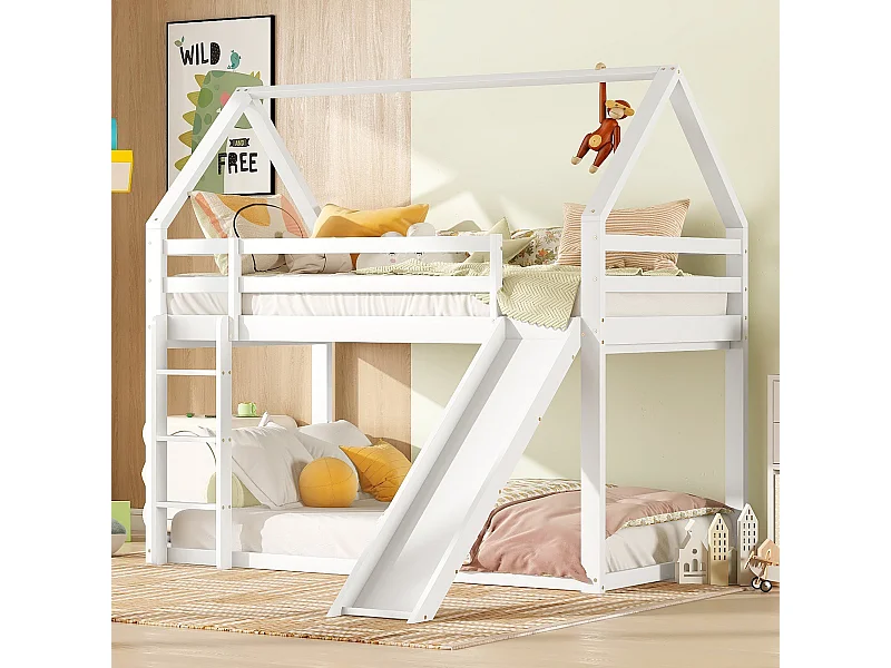 lit superposés pour enfant - 2 x 90 x 200 cm - avec toboggan + échelle - bois - blanc