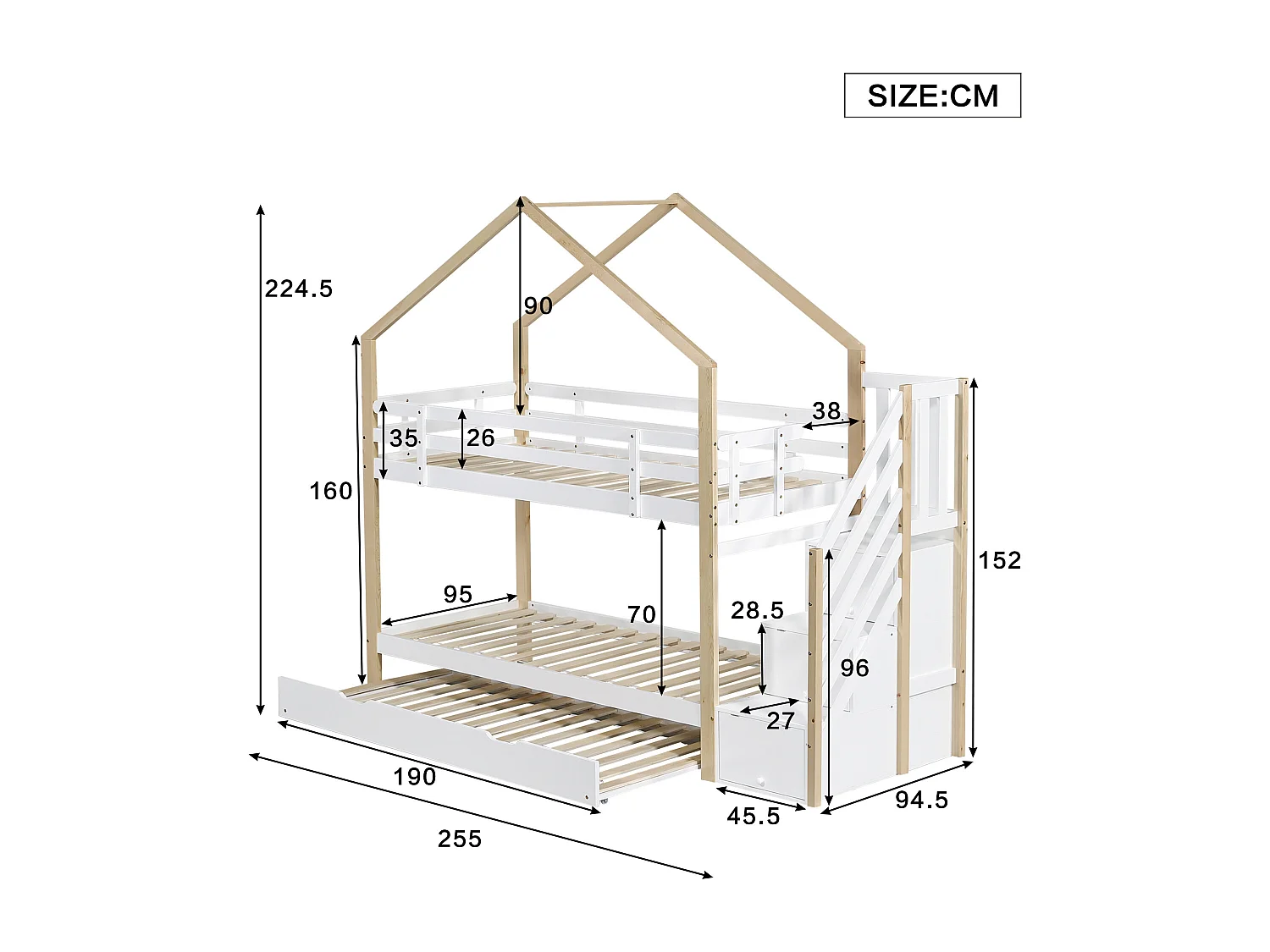 Beliche infantil para 3 pessoas - 2 camas de 90 x 200 cm - com cama auxiliar de 90 x 190 cm + 3 gavetas - MDF - cor natural + branco