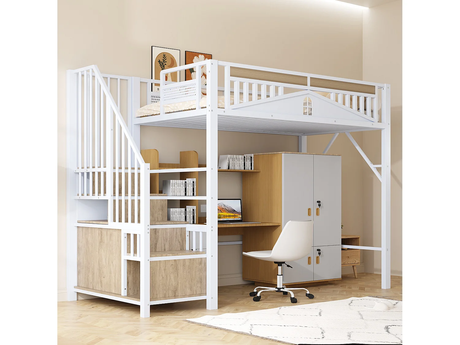 Lit mezzanine en métal pour enfant - 90 x 200 cm - échelle de sécurité avec casier - métal + bois - blanc