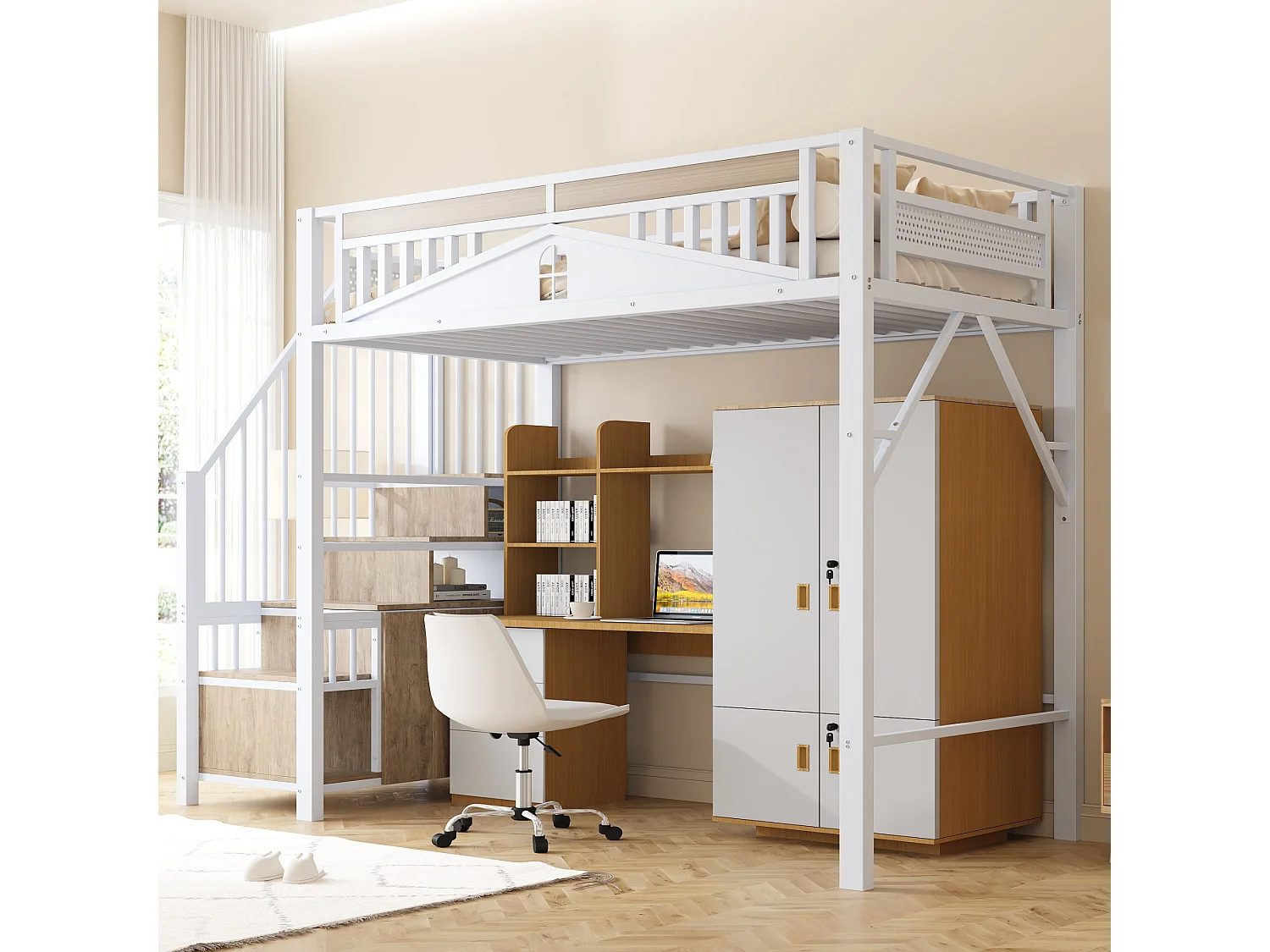 Lit mezzanine en métal pour enfant - 90 x 200 cm - échelle de sécurité avec casier - métal + bois - blanc