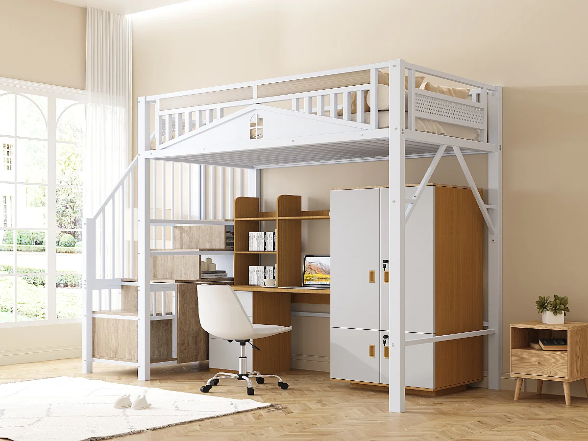 Lit mezzanine en métal pour enfant - 90 x 200 cm - échelle de sécurité avec casier - métal + bois - blanc