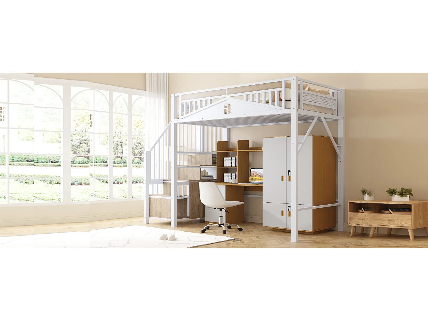 Lit mezzanine en métal pour enfant - 90 x 200 cm - échelle de sécurité avec casier - métal + bois - blanc