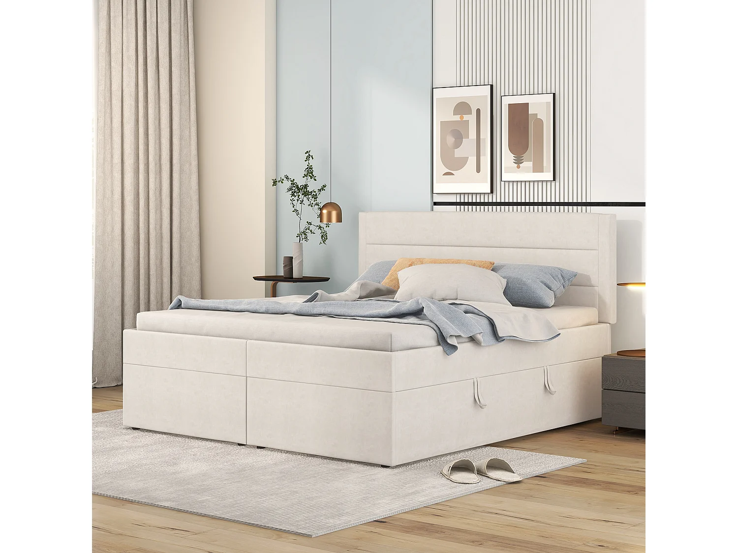 Lit coffre capitonné - 140 x 200 cm - ouverture des deux côtés - bois + MDF + lin - beige