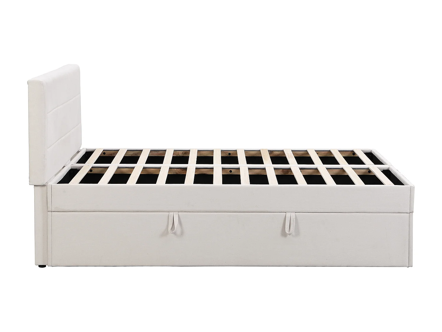 Lit coffre capitonné - 140 x 200 cm - ouverture des deux côtés - bois + MDF + lin - beige