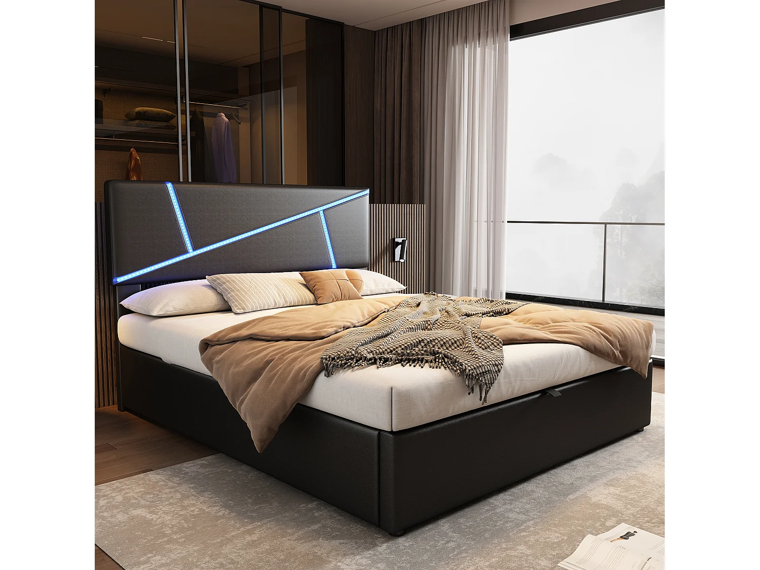 Gestoffeerd opbergbed - 140 x 200 cm - met hoofdbord + LED's - hydraulische opberging - zwart
