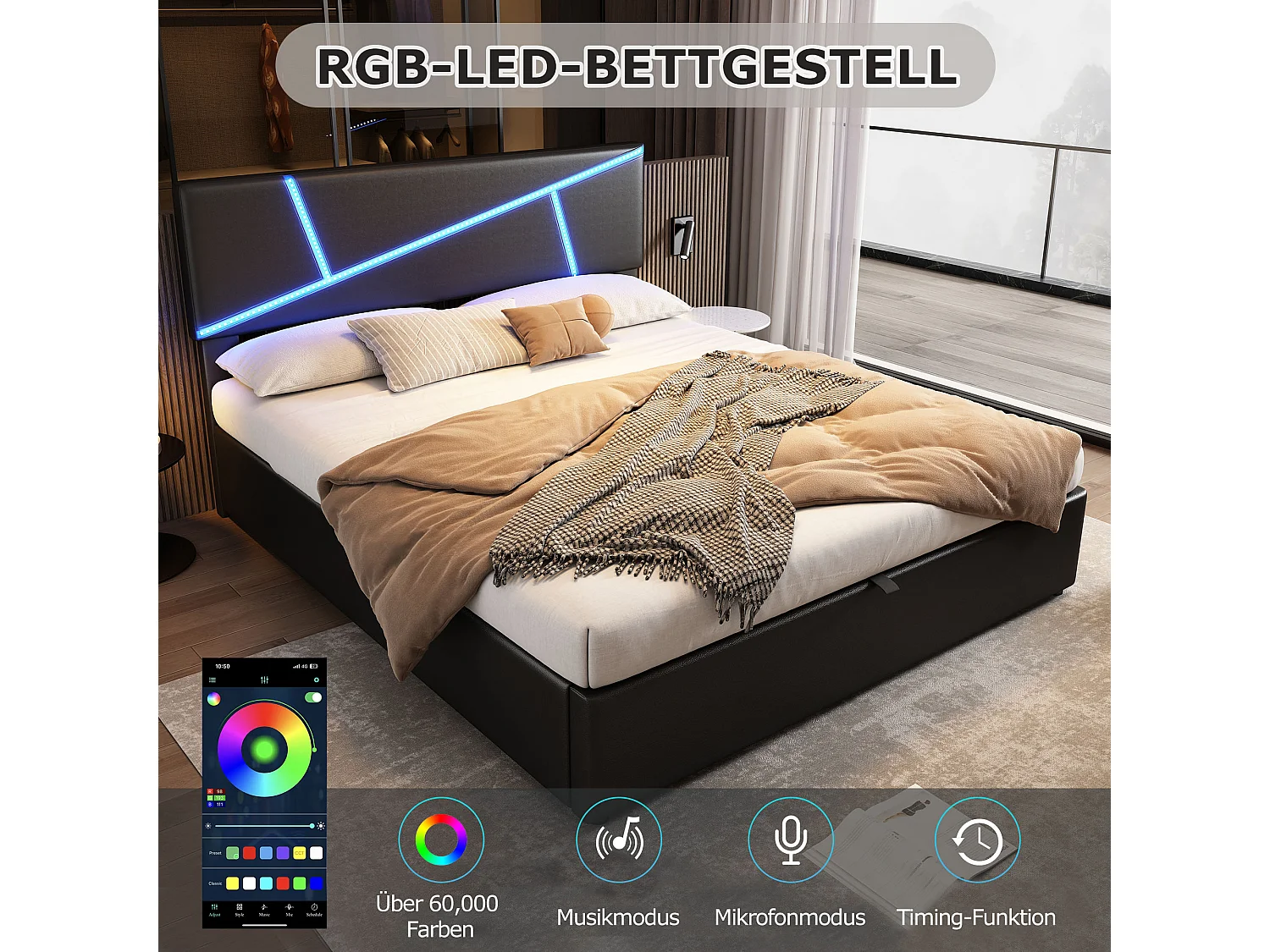 Gestoffeerd opbergbed - 140 x 200 cm - met hoofdbord + LED's - hydraulische opberging - zwart