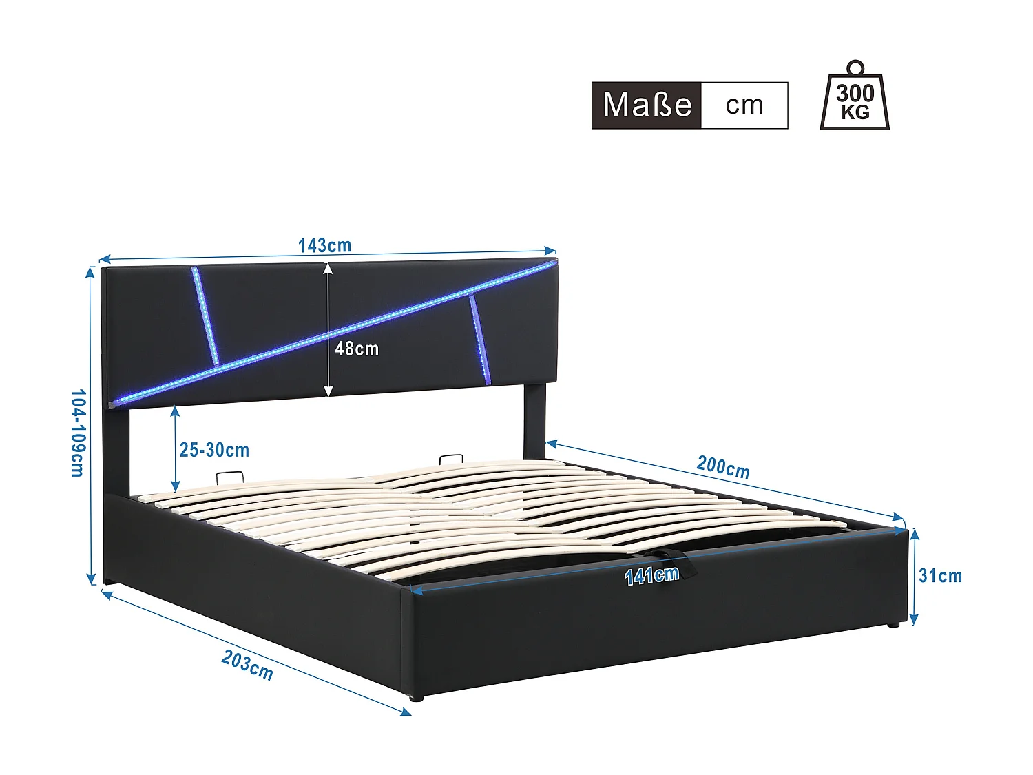 Gestoffeerd opbergbed - 140 x 200 cm - met hoofdbord + LED's - hydraulische opberging - zwart