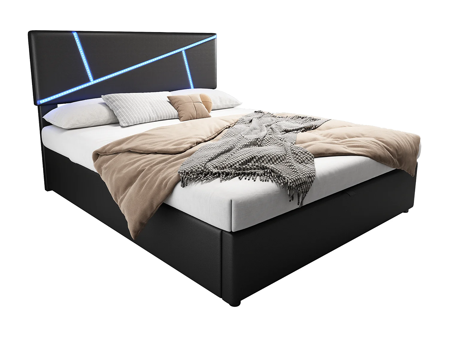 Lit coffre rembourré - 140 x 200 cm - avec tête de lit + Leds - rangement hydraulique - noir